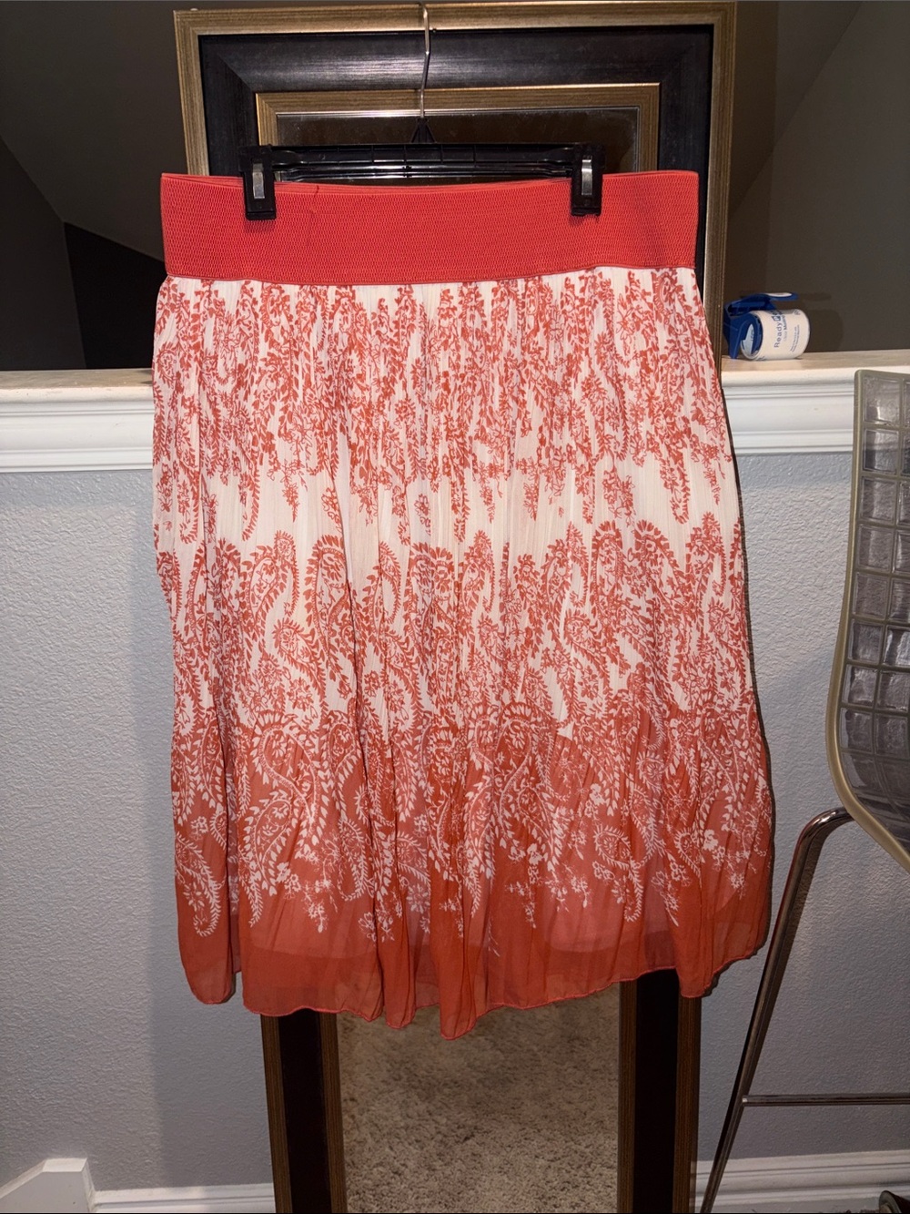 Metro Wear Coral and White Pleated Paisley Midi Skirt